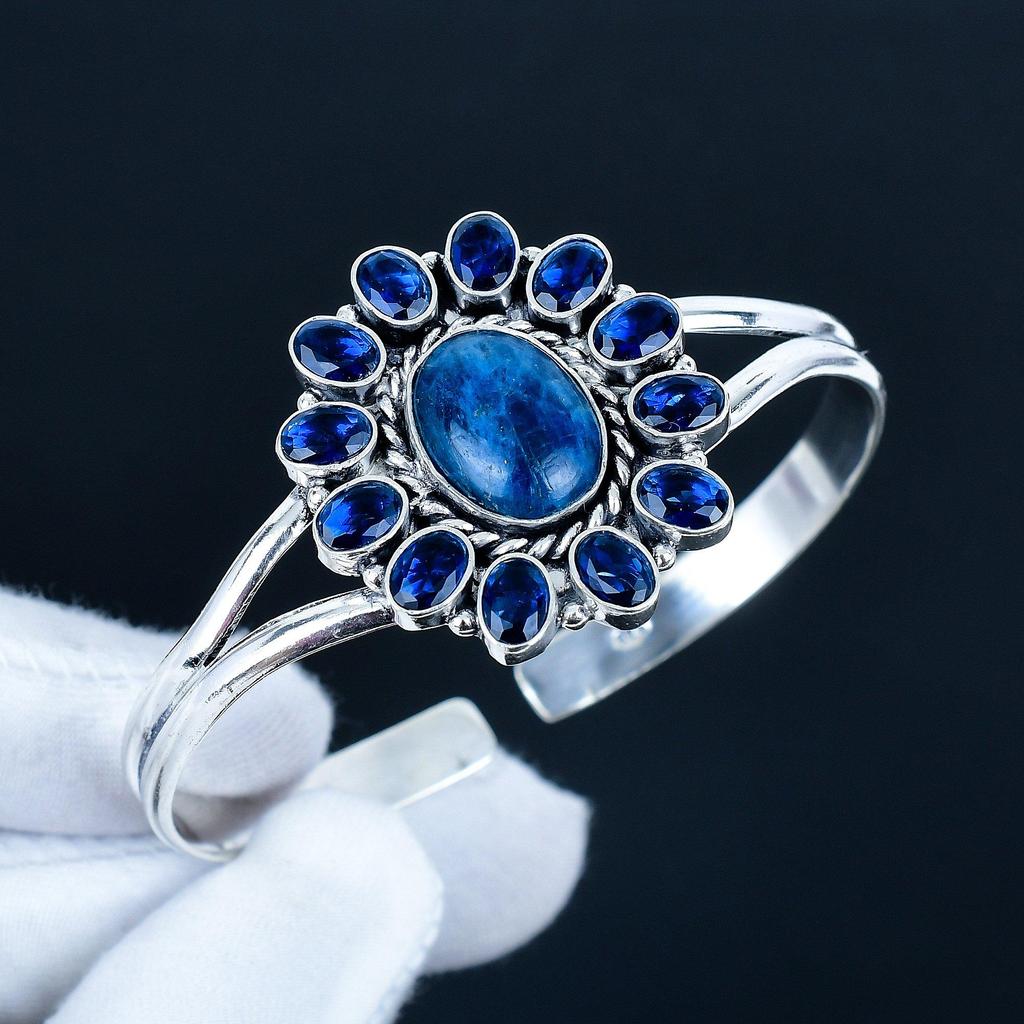 Натуральный Содалит Драгоценный Камень Ручной Работы Манжета Браслет 925 Стерлинговое Серебро Манжета Браслет, Браслет в Форме Цветка с Синим Сапфиром Для Жены, Унисекс Браслет