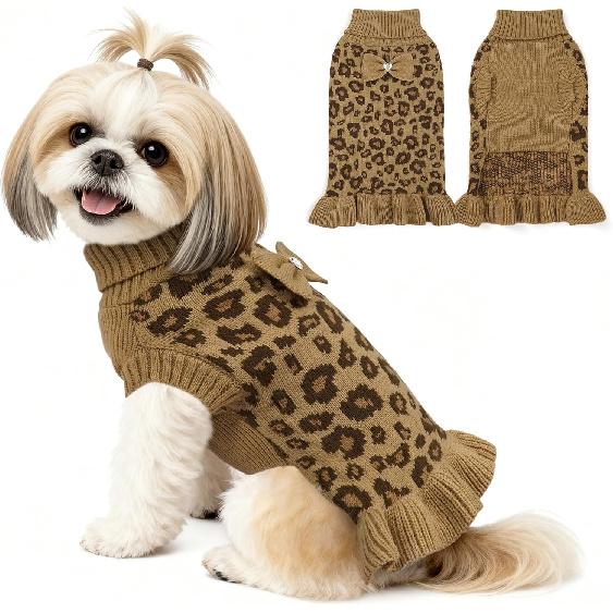 YUDODO Платье-свитер для маленькой собаки с бантом, водолазка, леопардовый, вязаный, для девочки-питомца, зимняя одежда для собак, теплый свитер для йорков, чихуахуа, с отверстием для поводка