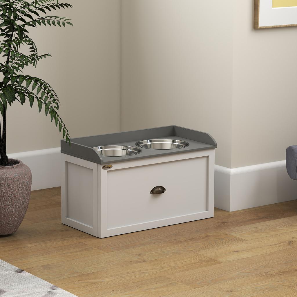 Stainless Steel Raised Dog Bowls, with 21L Storage Drawer for Large Dogs and Cats - White