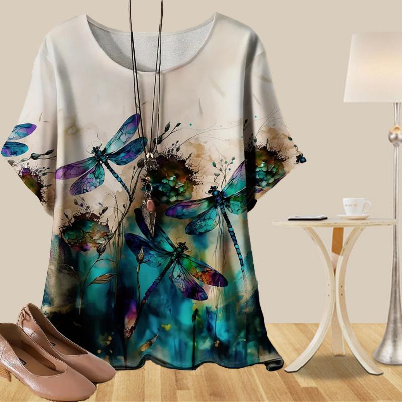 Женская повседневная свободная весенняя рубашка, женские топы с коротким рукавом и принтом в виде стрекозы