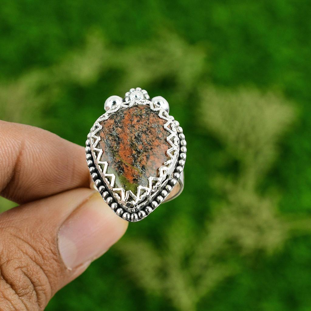 Натуральный гранат травяного цвета Обещание Ручной работы Заявление Кольцо Ювелирные изделия 925 Стерлинговое серебро