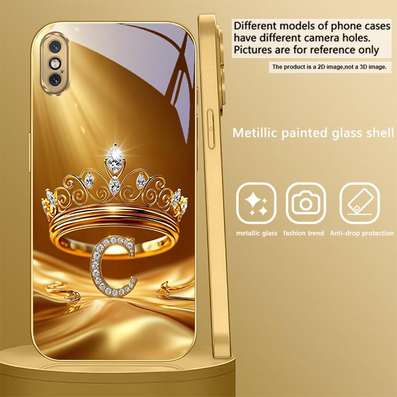 Золотое кольцо-корона Буква Для iPhone Air 16E 15 PRO 14 13 Plus 12 mini 11 17 Pro Max XR 16 17ProMax 17Pro Золотой стеклянный чехол для телефона