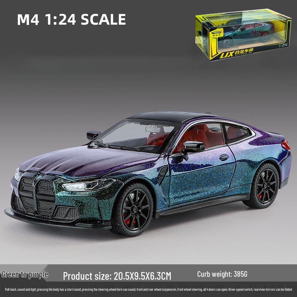 1:24 BMW M4 Diecast Car Model with Shock Absorption, Pull-Back, Steering, Sound, and Light Features.