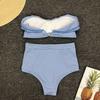 Женский комплект бикини из 2 предметов с оборками, бюстгальтер-бандо с подкладкой и высокой талией, комплект трусов с полосатым принтом, пляжная одежда