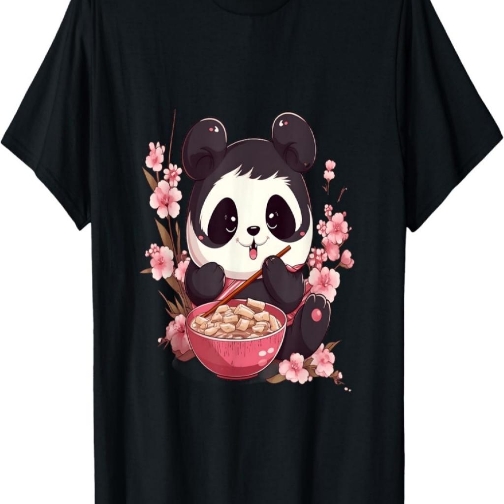 Otaku Kawaii Anime Panda Eat Ramen Noodles Cherry Blossom T-Shirt(12)