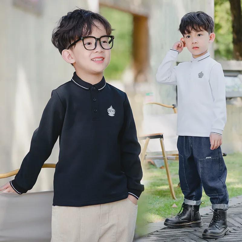 Boys' Long-Sleeve Velvet Polo Shirt - White School Uniform for Older Children In Winter