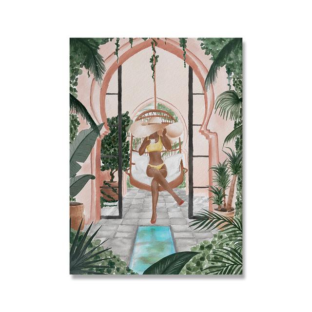 Tropical Summer Woman Art Boho Chic Watercolor Jungle Print Canvas Painting Living Room Bath Wall Home Decor Poster Pictures