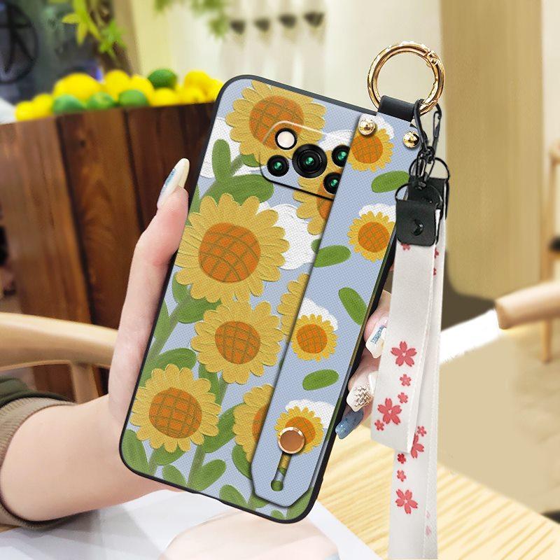 Anti-knock Protective Phone Case For Xiaomi Poco X3 NFC/X3 Pro Durable Oil Painting Phone Holder Wrist Strap Flower Ring
