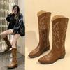 Fashion New Style Embroidered Western Cowboy Boots for Women Autumn Pointed Toe Thick Heel High Knee Boot Woman Loose Leather Long Boots