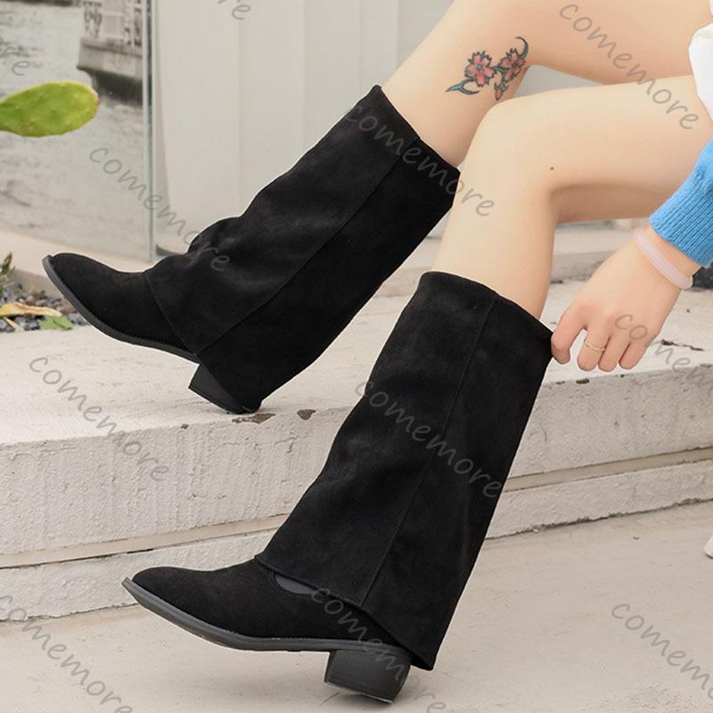 Fashion Comemore Women Fashion Mid-calf Boots Elegant Suede Solid Color Comfortable Shoes for Women Thick Heeled Female Knight Long Boot