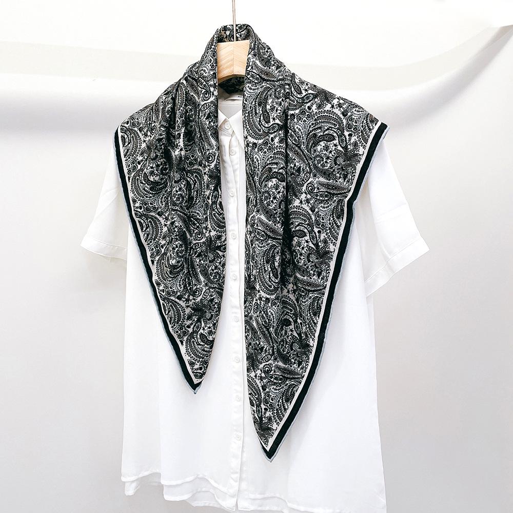 88cm Blue Paisley Silk Wool Square Scarf: Double-Sided Print, Warm Velvet Shawl, Versatile European & American Style.