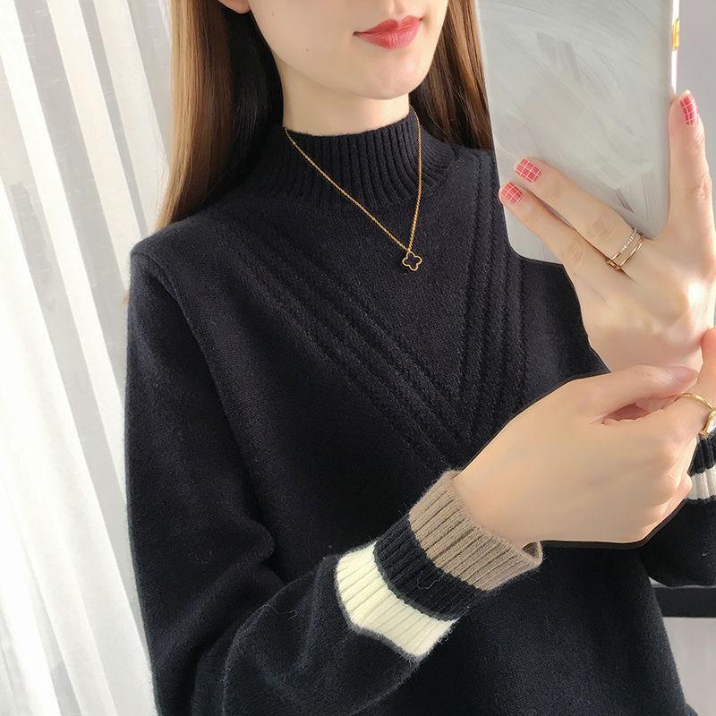 Женский свитер с полуводолазкой, осенне-зимний свободный вязаный свитер, топ, пуловер, вязаный джемпер, верхняя одежда