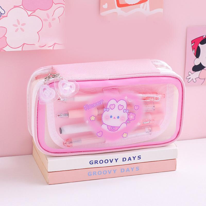 Kawaii прозрачный пенал большой емкости, водонепроницаемая сумка для ручек Kawaii косметичка с героями мультфильмов, школьные принадлежности, канцелярские принадлежности