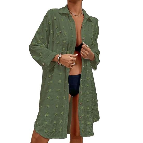 Women Beach Shirt Cover-up Solid Color Long Sleeve Lapel Loose Single-breasted Sun Protection Anti-UV Pockets Soft Lady Cardigan Top