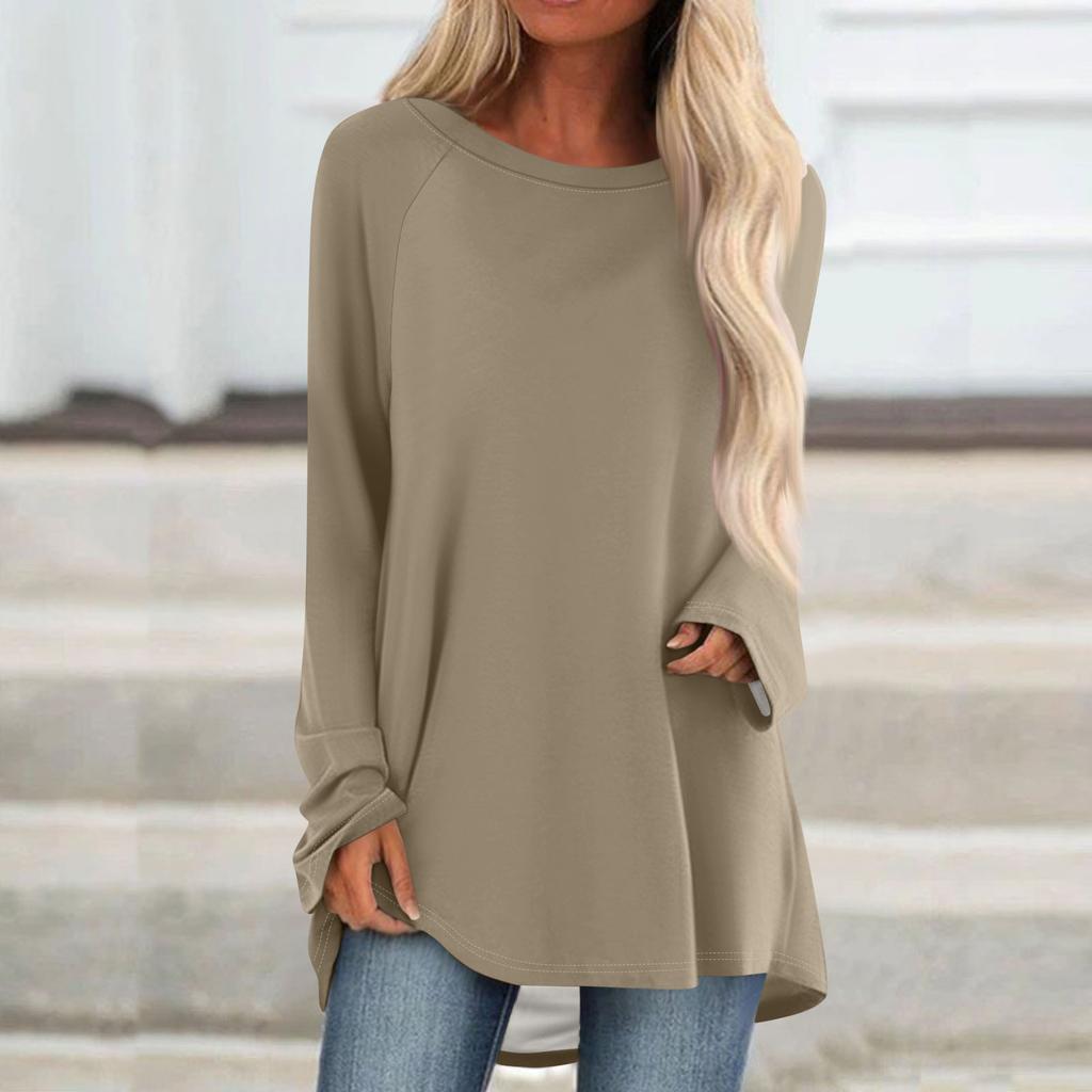 Women's Fashionable Loose Mid-length Round Neck Pullover Solid Color Raglan Sleeves Long-sleeved Casual Top