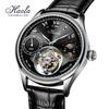 Часы HAOFA Tourbillon Mechanical Day and Night GMT с ремешком из натуральной кожи, стильные водонепроницаемые роскошные часы, популярный подарок для мужчин, мужские