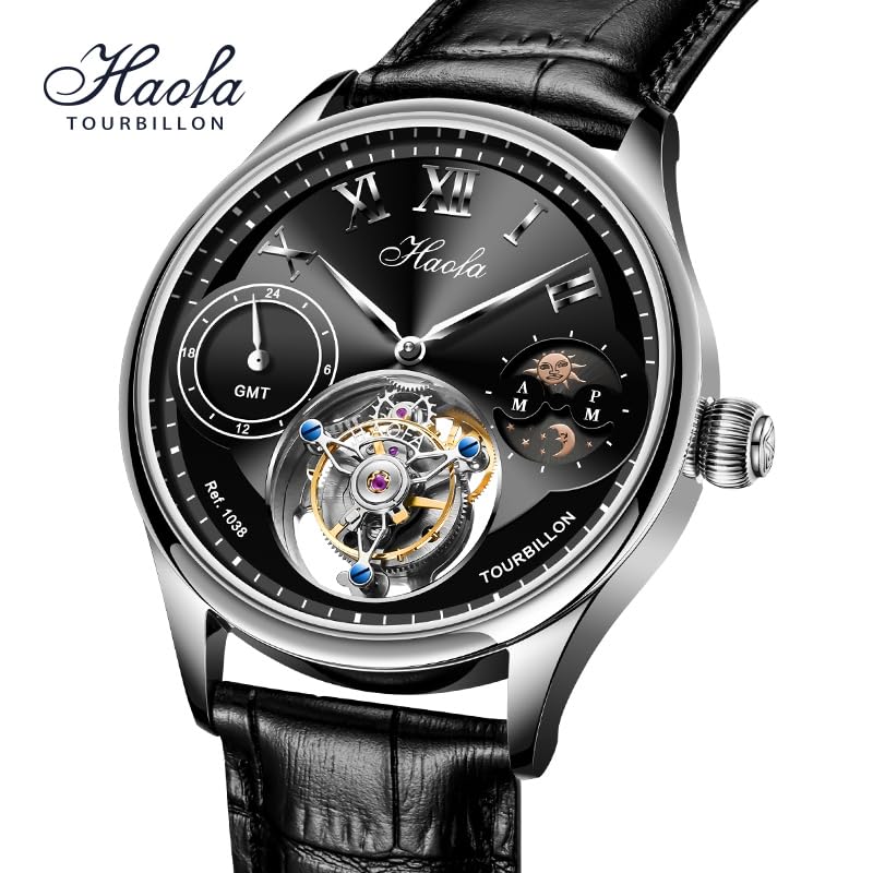 Часы HAOFA Tourbillon Mechanical Day and Night GMT с ремешком из натуральной кожи, стильные водонепроницаемые роскошные часы, популярный подарок для мужчин, мужские