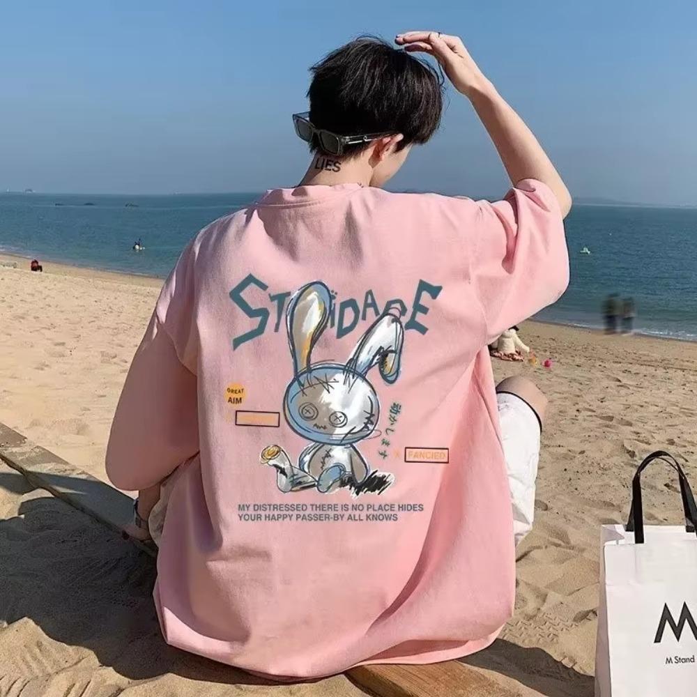 8XL Men Oversize Korean Fashion Loose American Love Puppet Rabbit Print Short Sleeve Round Neck Versatile Trend Couple outfit