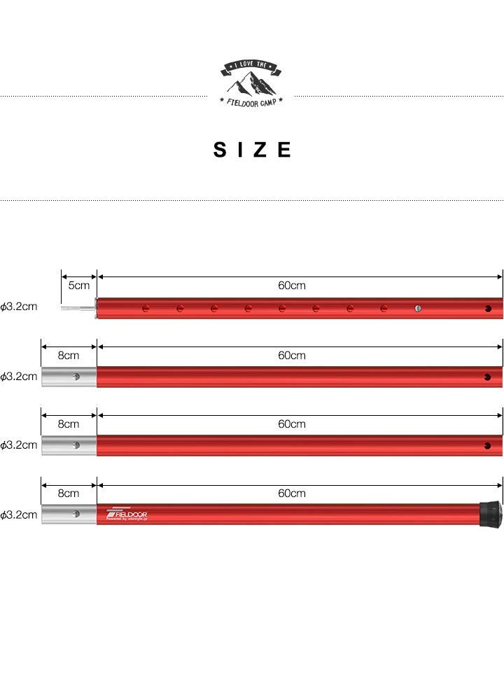FIELDOOR Aluminum Tent Poles of 2 Connection Adjustable Suitable for Large Tarps and Cotton Tents Push Pins Extendable Split Type Camping [Set / Red]
