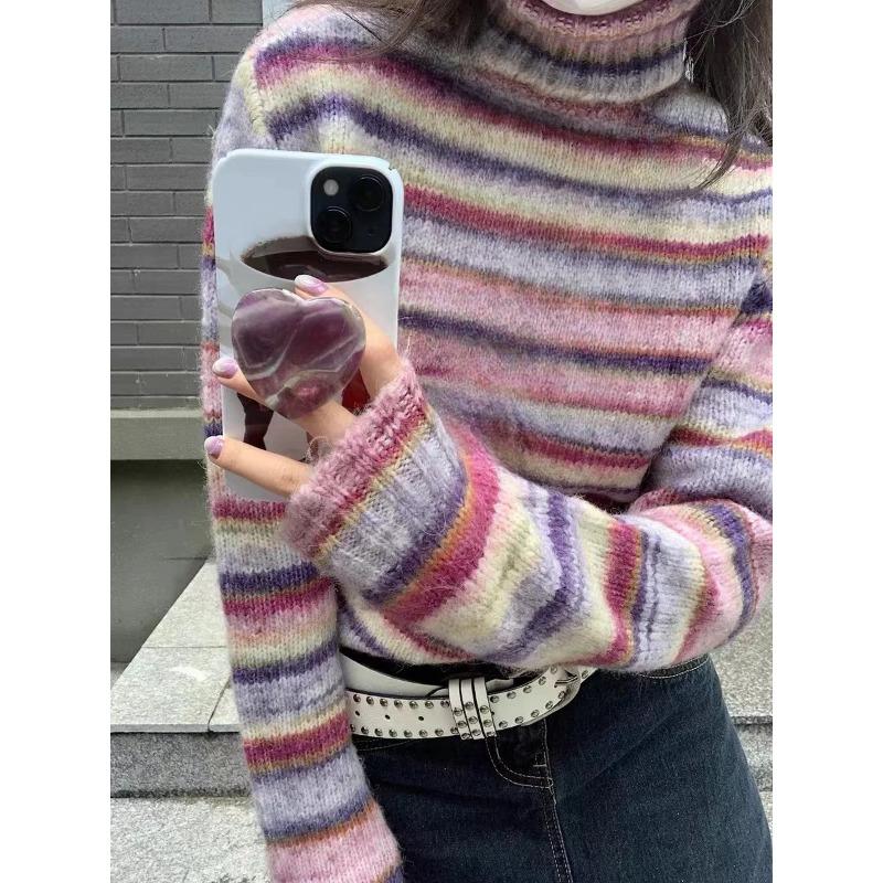 Японский свитер-водолазка Y2k, винтажный пуловер в радужную полоску, корейский модный вязаный джемпер, трикотаж Harajuku в стиле гранж