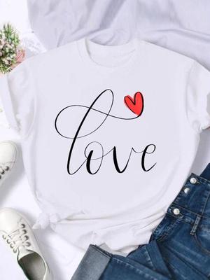(Азиатский размер) Футболка Одежда Love Heart Letter Sweet Повседневная модная женская футболка с принтом в повседневном стиле Футболки с короткими рукавами и графикой
