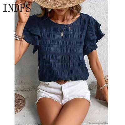 INDFS Женская мода Повседневная Летняя Весна Однотонный Принт Короткие Рукава О-Образным Вырезом Блузки и Рубашки