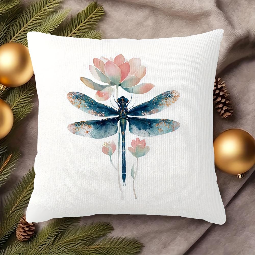 1pc, Short Plush Decorative Pillowcase, Watercolor Dragonfly And Plant Design, Single-Sided Printing, Perfect for Decorating Sofas, Living Rooms, Bedr