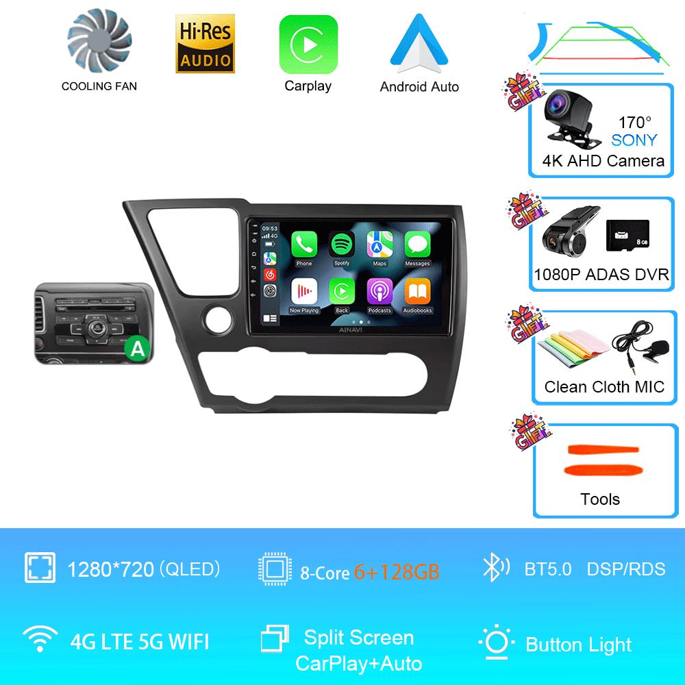 9" QLED 12G 256G Car Radio Android 14 For Honda Civic 9 2013 - 2016 Stereo Wireless Carplay Auto Navigation GPS Multimedia Playe