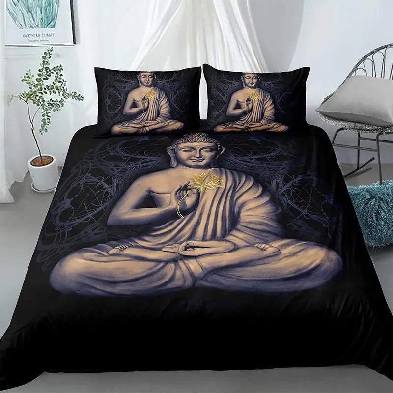 Buddha Duvet Cover Collection King Size Exotic Ethnic Bohemian Bedding Collection Microfiber Golden Buddha Statue Print Gorgeous Quilt Cover