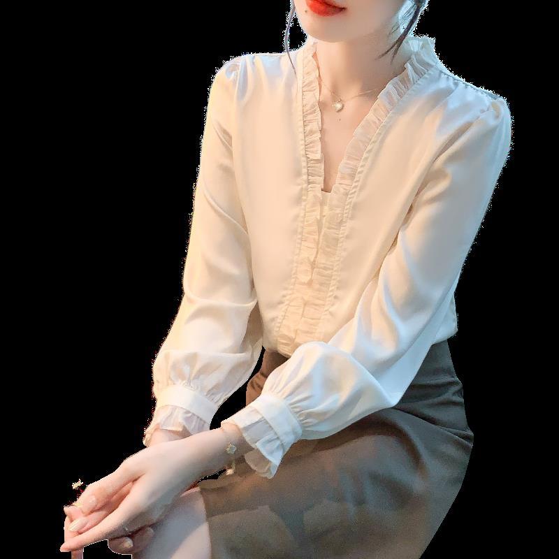 Женская шифоновая рубашка для ранней весны Женская одежда Базовая рубашка с длинным рукавом Маленькая рубашка