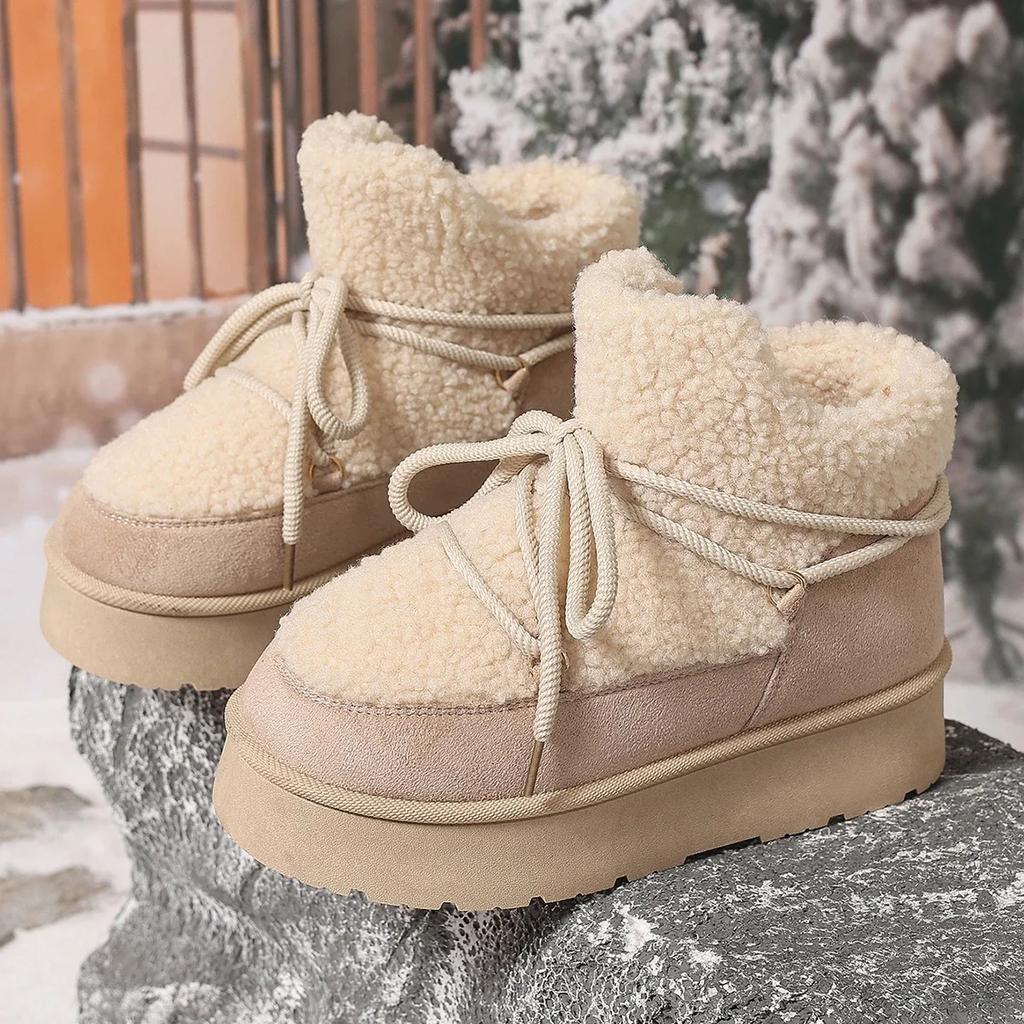 Fashion Women's Chunky Fluffy Fur Lace Up Winter Boots New Faux Shearling Warm Comfort Ankle Boots Anti-slip Platform Snow Booties