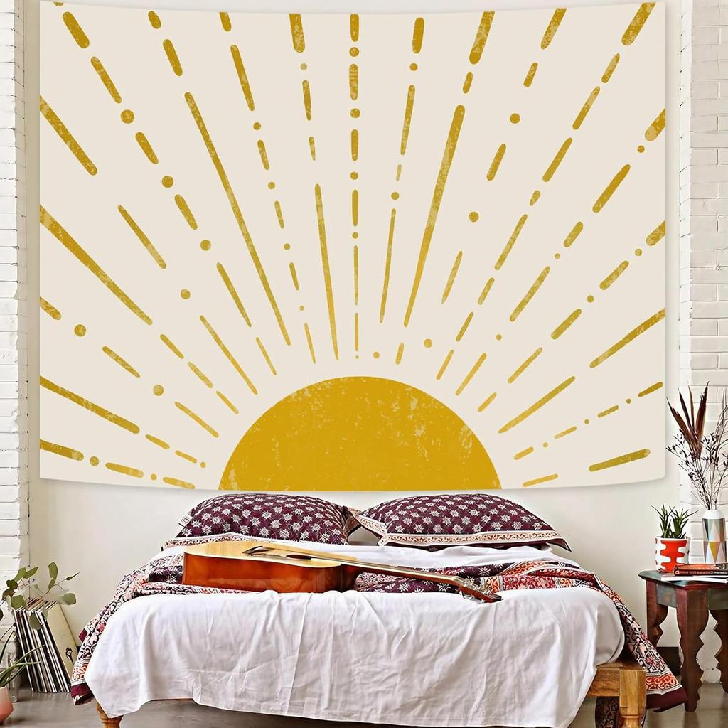 Kanuyee Gold Boho Burning Sun Tapestry Wall Hanging, Retro 70s Abstract Vintage Geometric Line Sunrise Tapestries for Bedroom Living Room Backdrop