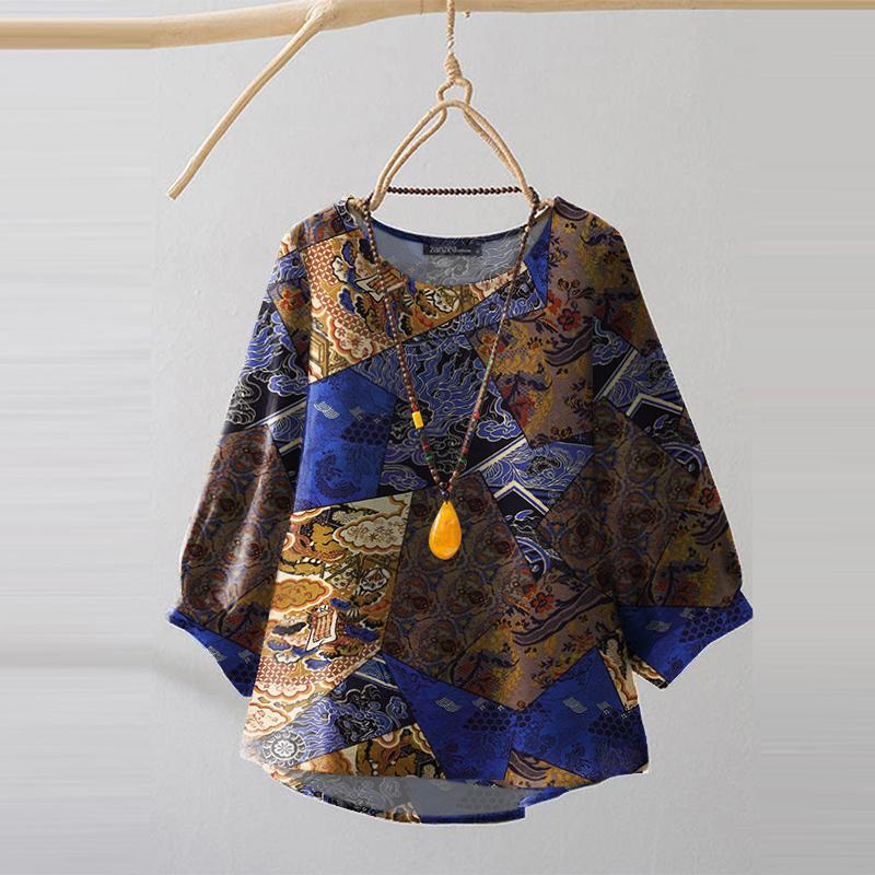 ZANZEA Ethnic Print Casual O-neck 3/4 Sleeve Loose Women Blouse