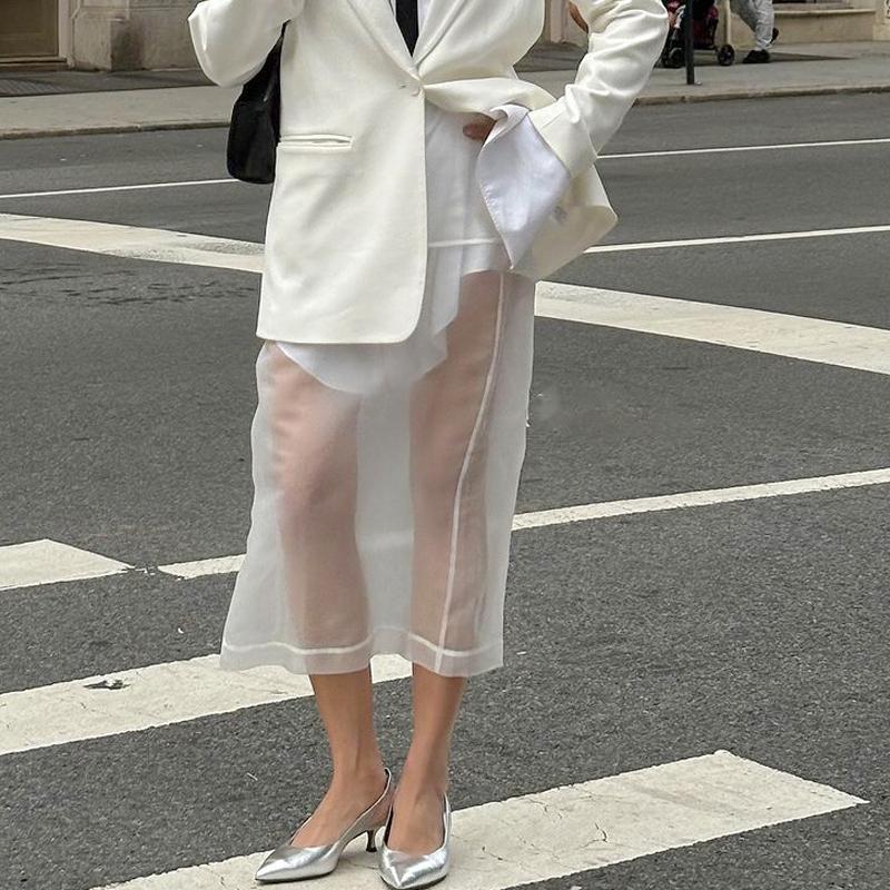 Сексуальная прозрачная сетчатая юбка женская белая с высокой талией и разрезом свободная длинная юбка осенняя уличная мода клубная вечеринка юбка женская