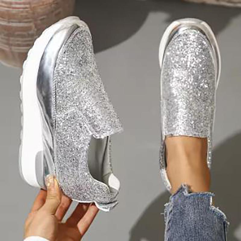 Серебряные блестки танкетки кроссовки женские модные туфли повседневная обувь