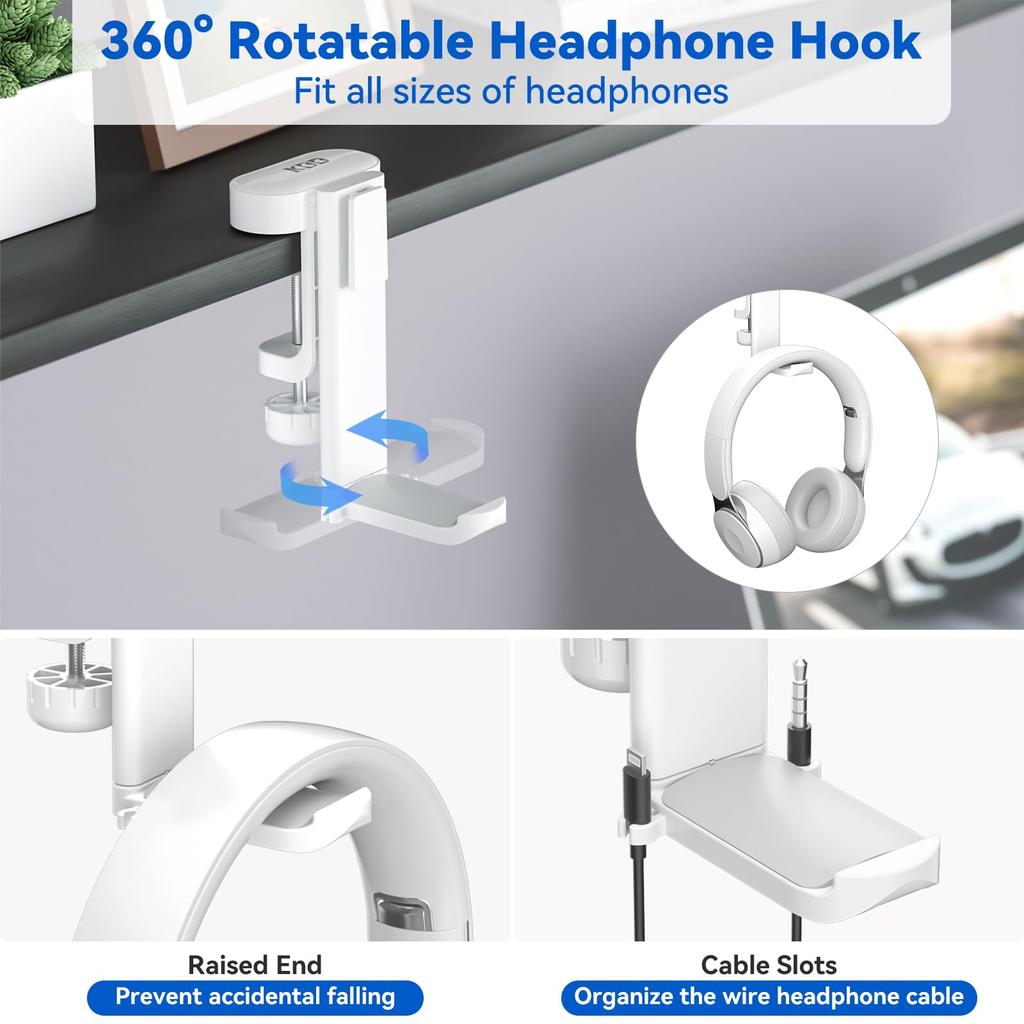 KDD 4 In 1 Desk Organizer Under Desk Headphone Hook with 2 Wire Holes Rotatable Headphone Hanger and Removable Desk Storage for and Pen — —