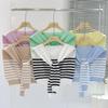 Navy Contrasting Stripes Knitted Small Vest With Rotator Sleeves Spring And Summer False Collar Knotted Straps Thin Wool Shawl