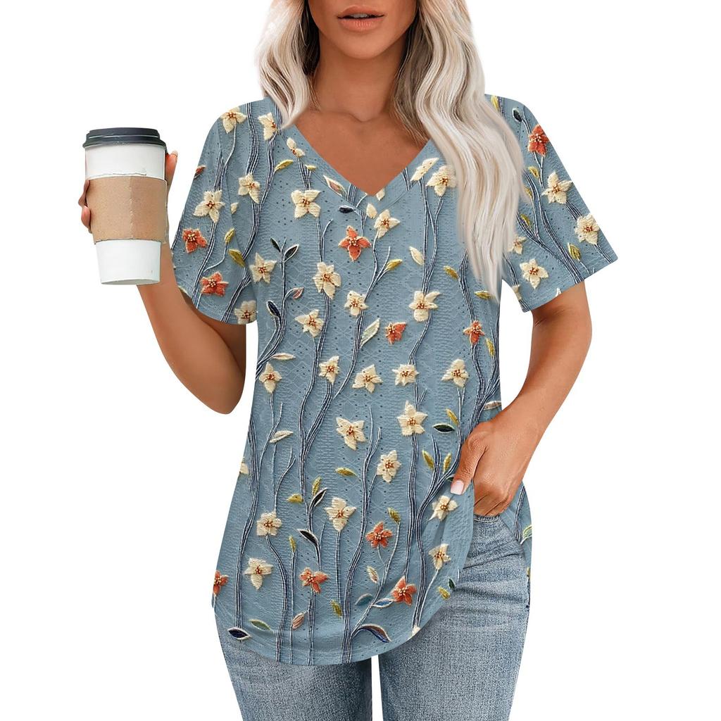 Womens T Shirts V Neck Short Sleeve Casual Tops Loose Fit Basic Tees With Curved Hem