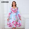 Plus Size Women's New Temperament V Neck Long Sleeve Printed Mid Length Dress