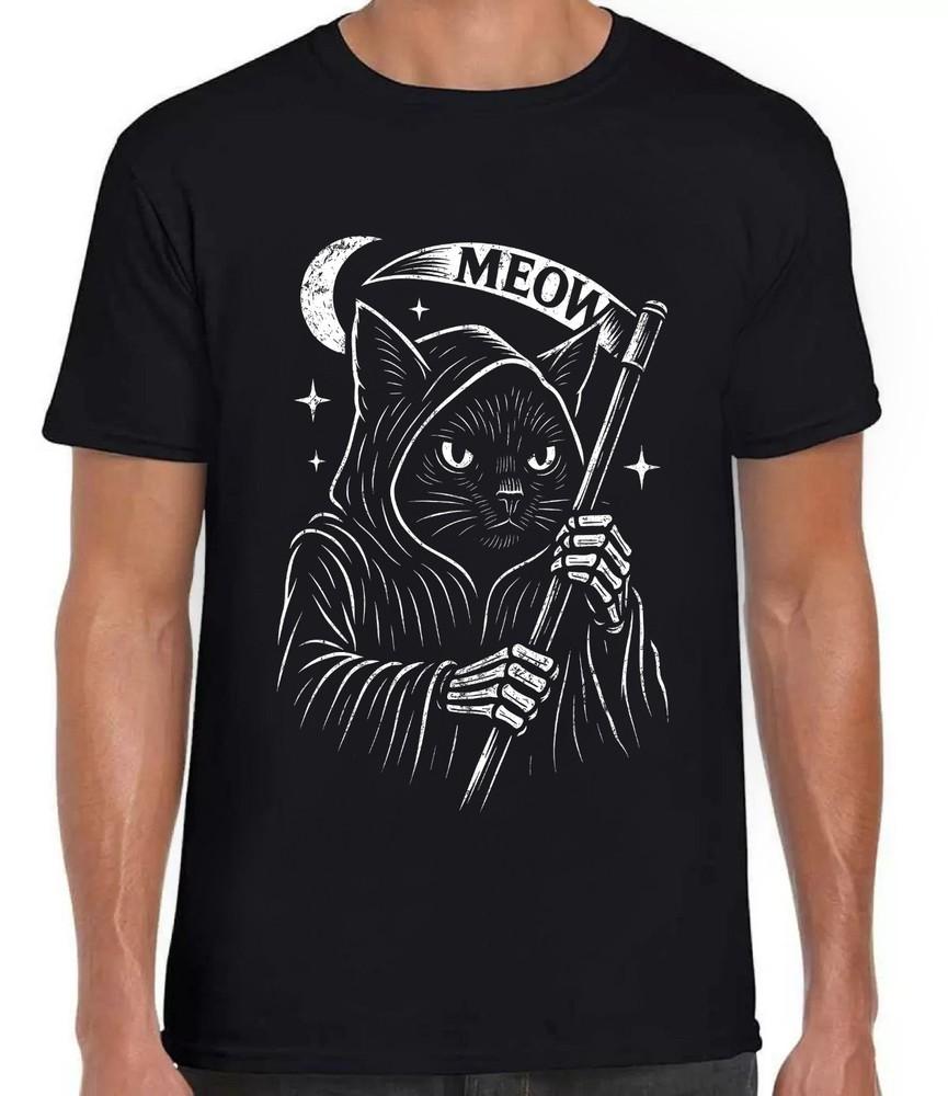 Кот-Жнец Котёнок Мяу Говорящий Хэллоуин Смешной Подарок Черная Футболка Т-Ширт 497 Унисекс Футболка