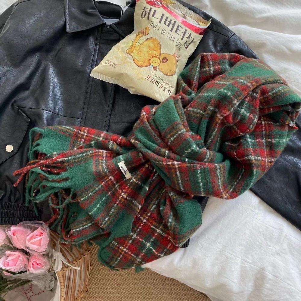 Plush Plaid Wool Scarf Tassel Long Shawl Retro Winter Cashmere Scarves Autumn Winter