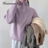 Hirsionsan Casual Solid Warm Knitted Pullovers Female Loose Turtleneck Zipper Trendy Sweater Women Winter Simple Long Sleeve Base Jumper