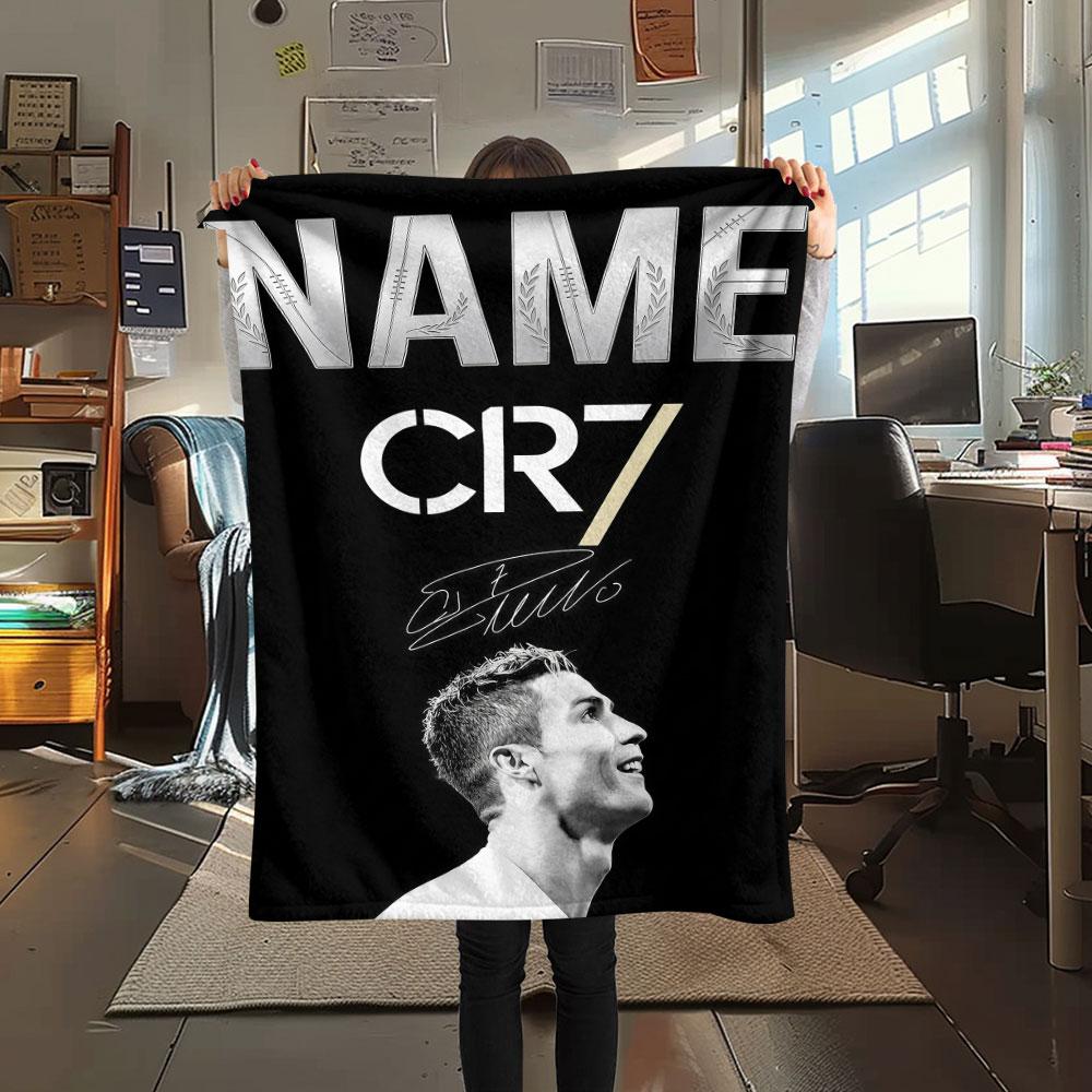 Custom Name,Cristiano Ronaldo Black White CR7 Portrait Printed Flannel Blanket, soft throw for bedroom sofa, washable,fan merchandise, great gift.chl