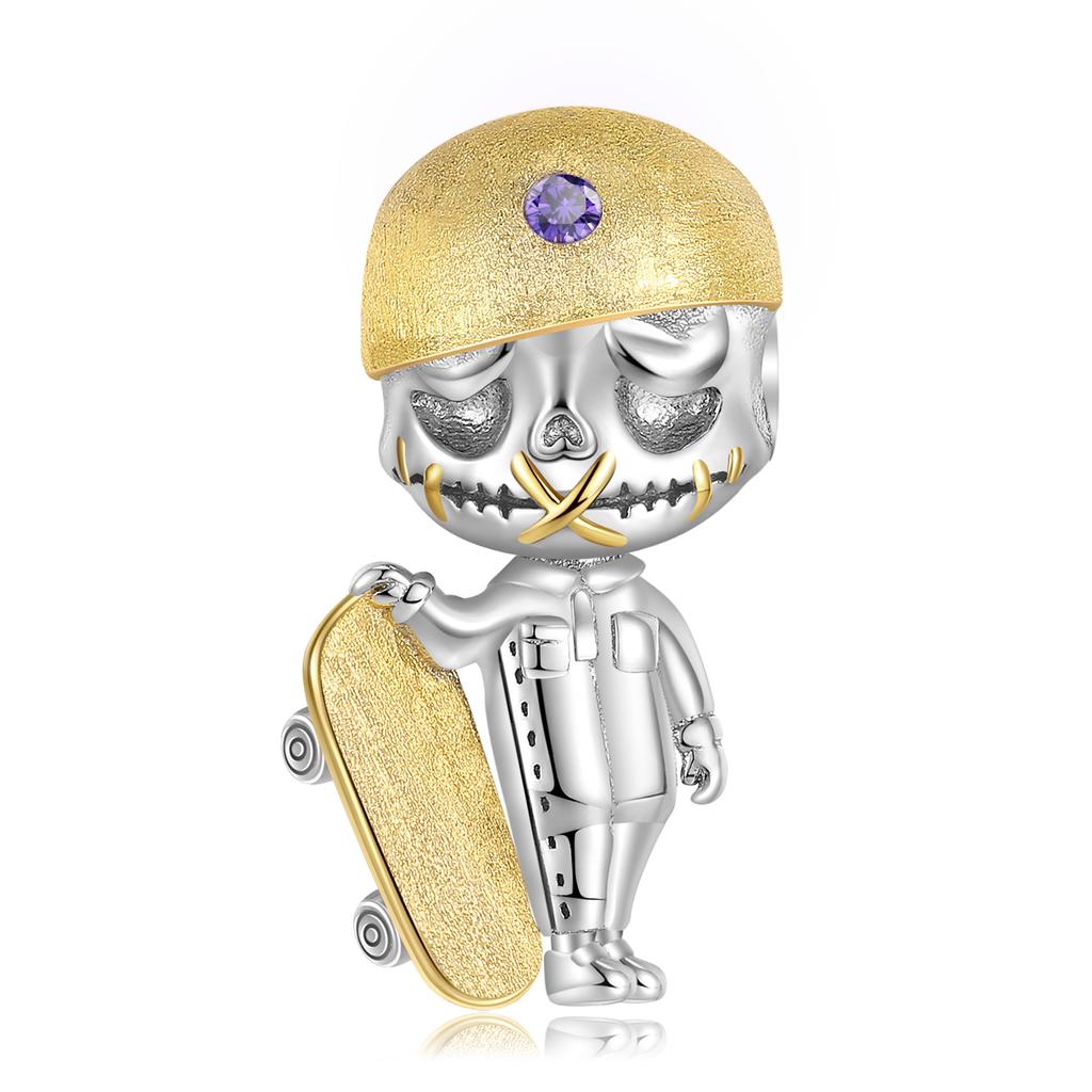Skateboard Skull Charm 925 Sterling Silver Christmas Skeleton Beads for Women Fine Charms Bracelet Jewelry Making