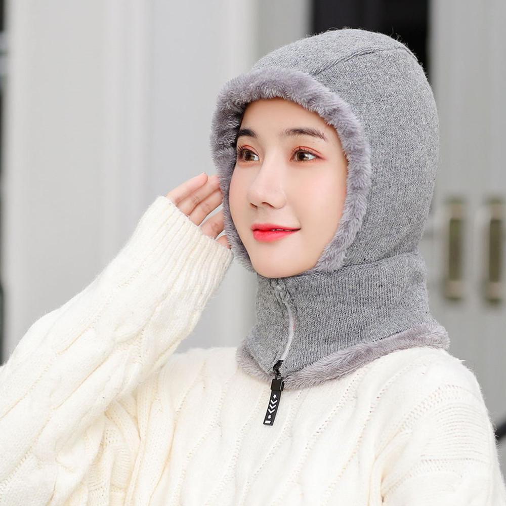 Hot Women Winter Knitted Hat New Add Fur Lined Warm Winter Hats For Women With Zipper Keep Face And Ear Warmer Cap