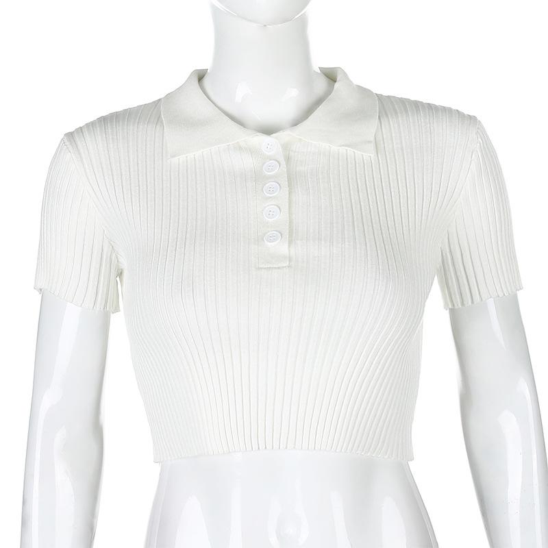 Y2K European and American Spring/Summer New Sexy Knitted Ribbed Polo Neck with Naked Navel Solid Short Sleeved Top for Women