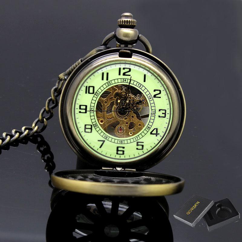 Luxury Luminous Mechanical Pocket Watch Bronze Hollow Wheel Hand-Winding Steampunk Pocket Hanging Chain Antique Watch Best Gifts
