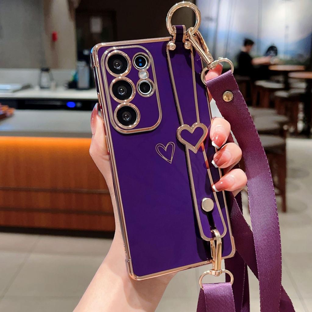 Гальваническое покрытие Любовь Подходит для чехла для мобильного телефона Samsung S25 Ultra S24FE Ремешок на запястье Подставка Шнурок A56 Защитный чехол