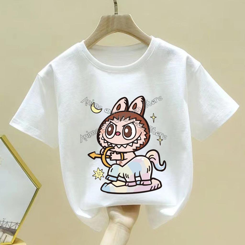 Модная белая детская футболка Labubu, милая мультяшная девочка, круглый вырез, короткий рукав, одежда, новый удобный свободный детский топ