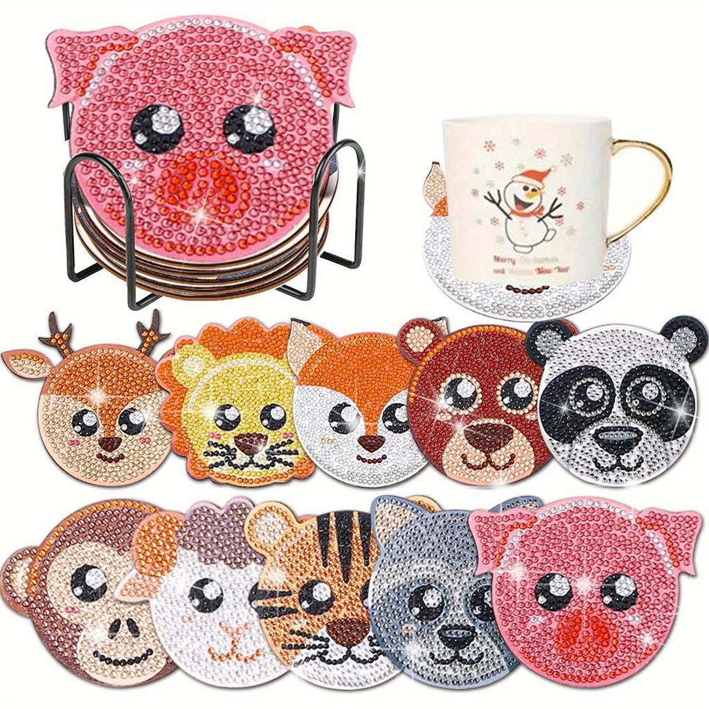10pcs Vibrant 5D Diamond Painting Coasters Set - Heat Insulation, Cartoon Animals Pattern Design, Cup Mat, Perfect Gift Idea for Friends and Family